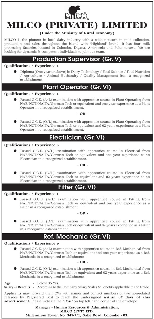 Production Supervisor, Plant Operator, Electrician, Fitter, Refrigeration Mechanic - Milco (Private) Limited